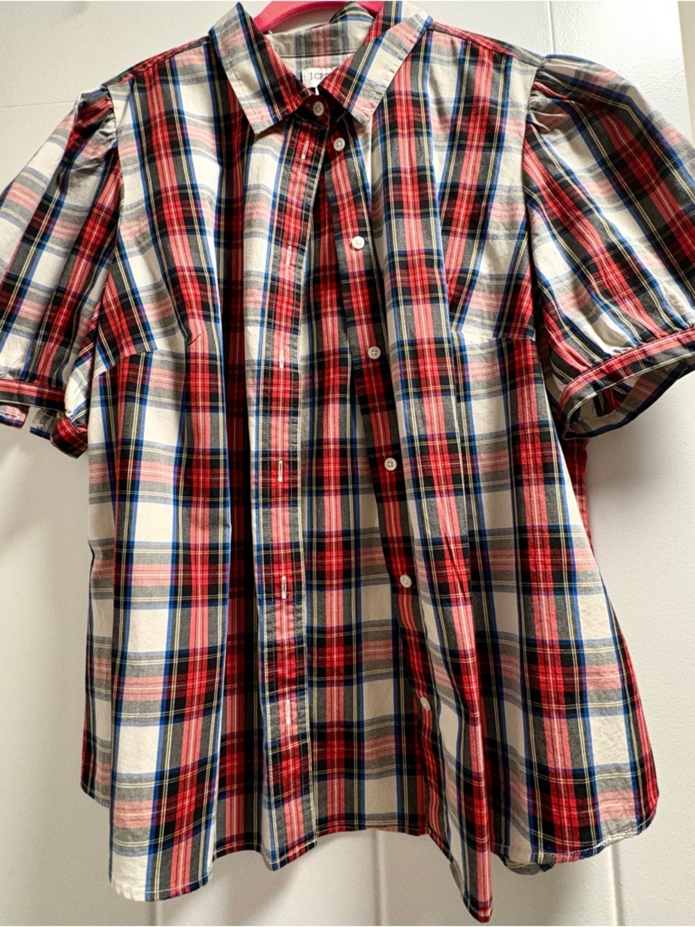 J. Crew Red, Navy & Cream Plaid Short-Sleeve Button-Down Shirt